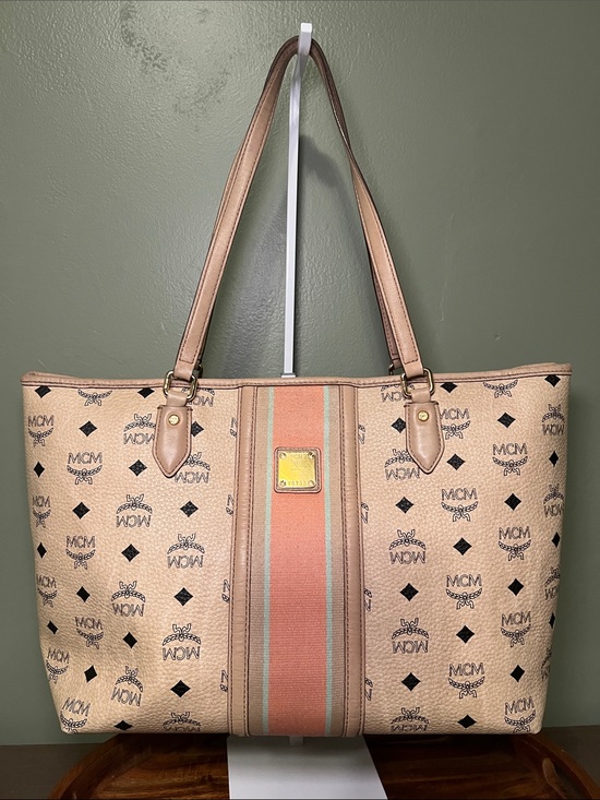 MCM Handbags - MCM Beige Logo Canvas Tote with Coral and Blue Center Stripe